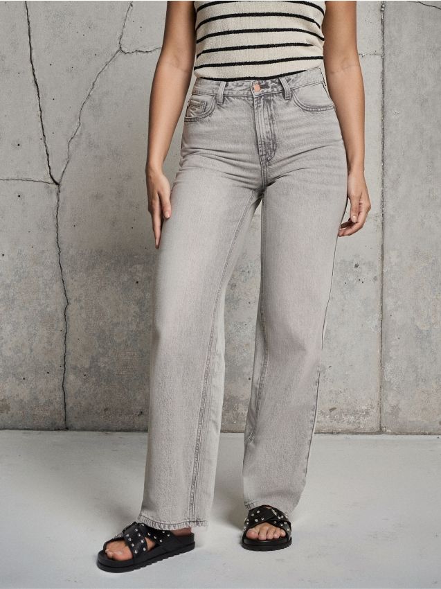 Sinsay - Jeansy wide leg z wysokim stanem - szary