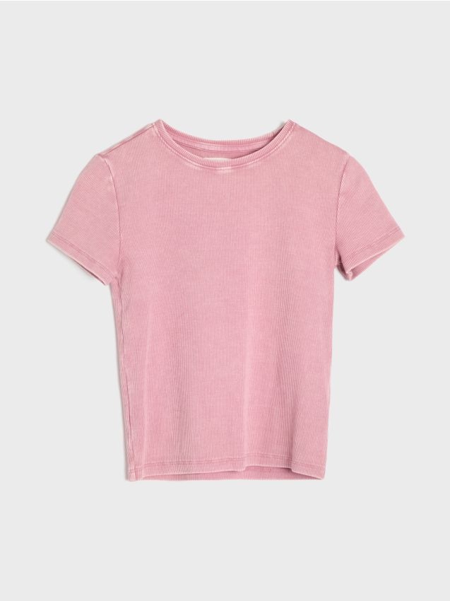 Sinsay - Tricou ribbed cu efect de spălare - roz