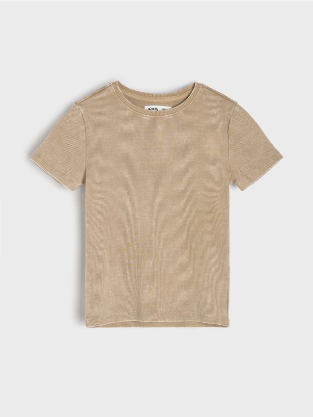 Sinsay - Prążkowana koszulka z efektem sprania - beżowy