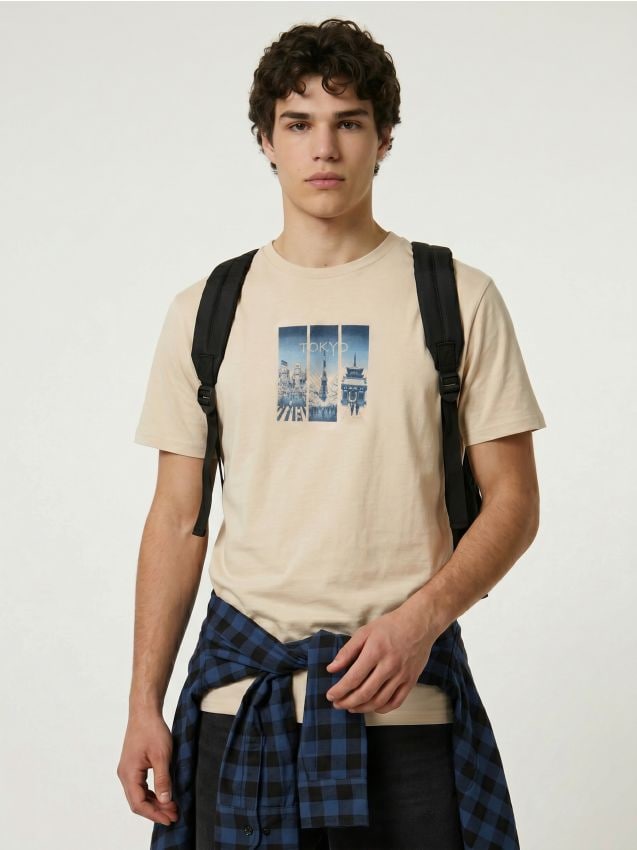 Sinsay - Tricou din bumbac cu imprimeu Tokyo - bej