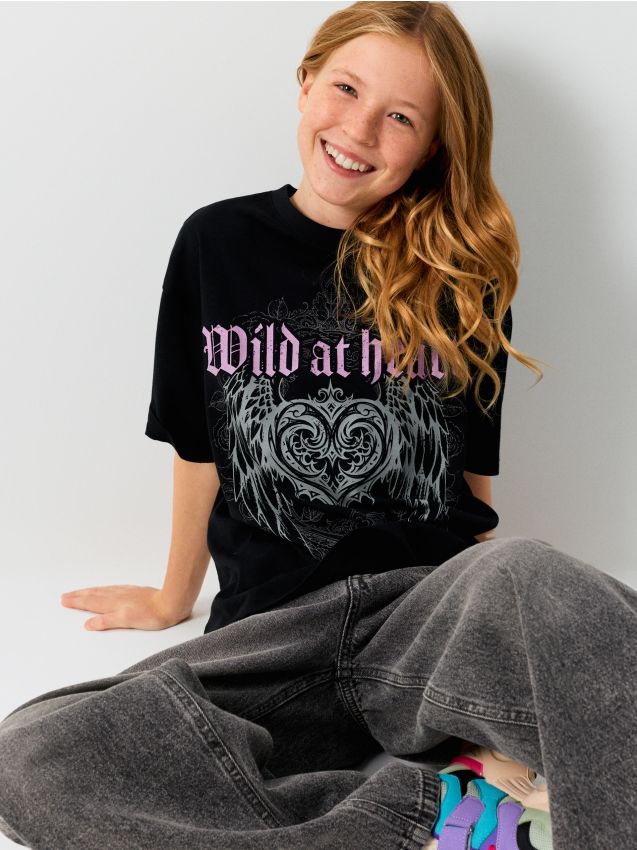 Sinsay - Tricou din bumbac cu imprimeu - negru