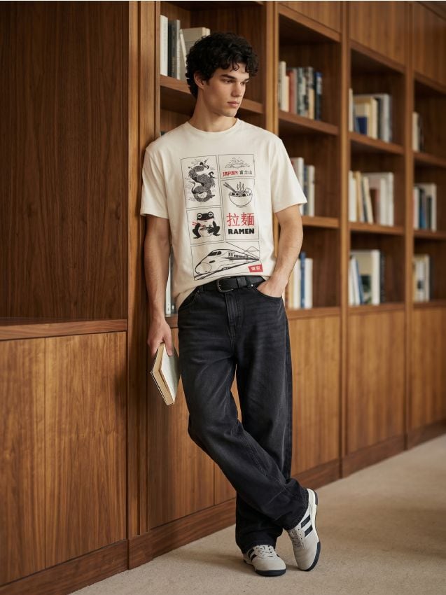 Sinsay - Tricou din bumbac cu motiv japonez - crem