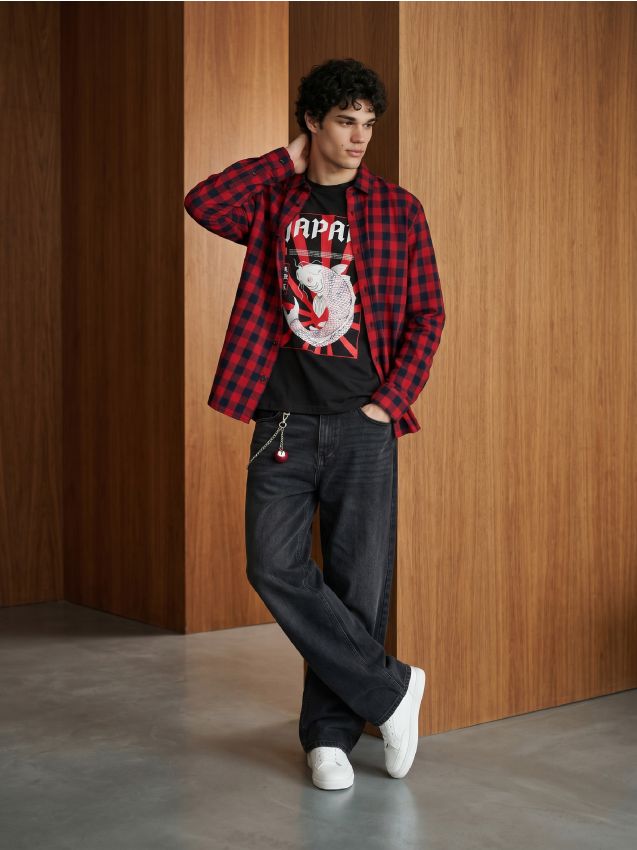Sinsay - Tricou din bumbac cu motiv japonez - albastru metalizat