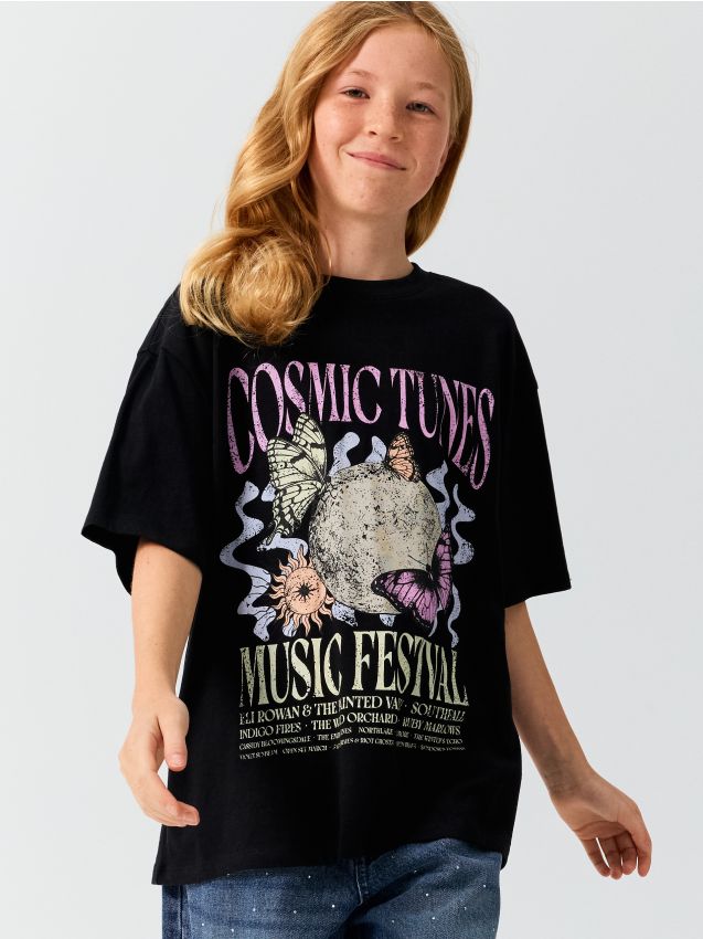 Sinsay - Tricou din bumbac cu imprimeu - negru