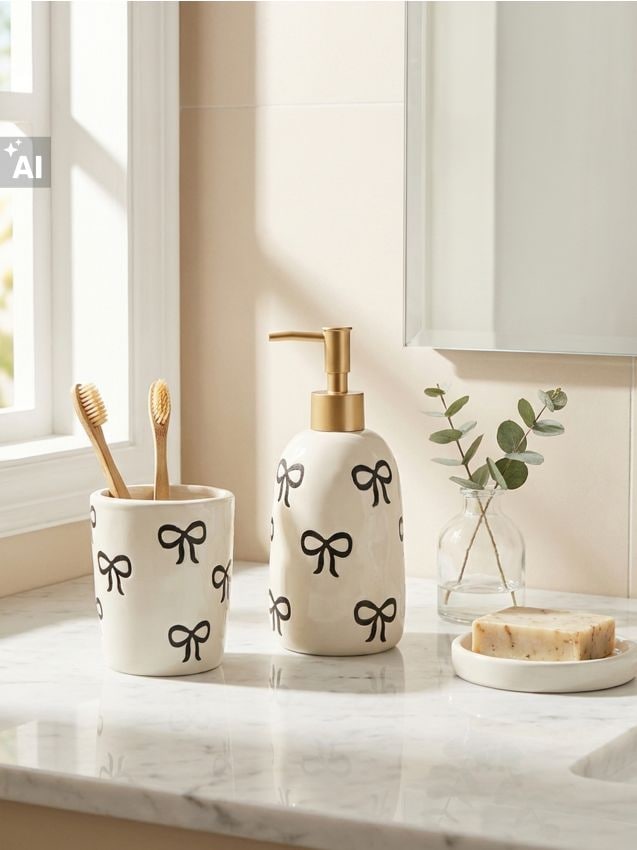 Sinsay - Set de baie din ceramică cu motiv de funde 2 pack - bej