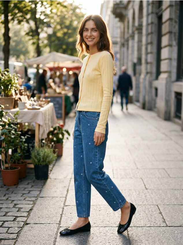 Sinsay - Blugi mom cu flori brodate - albastru