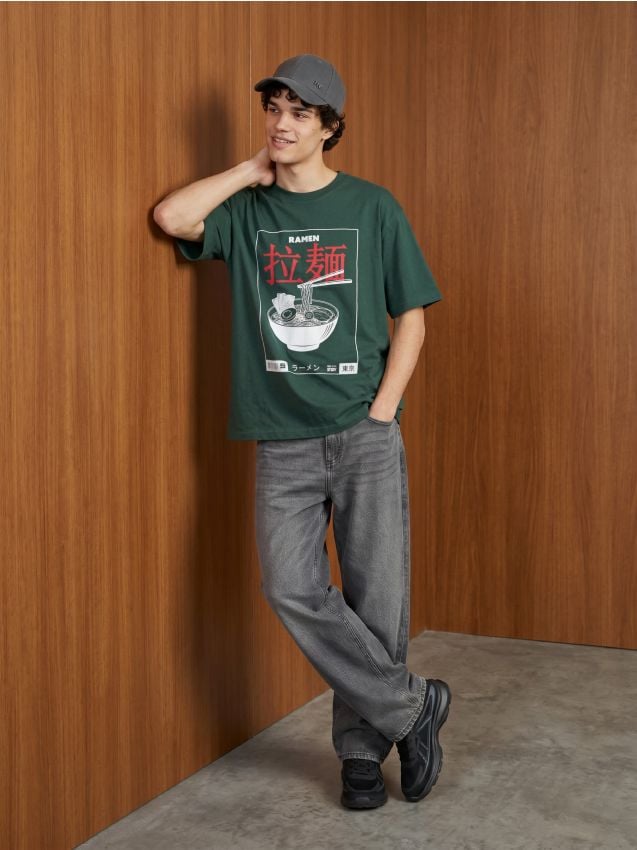 Sinsay - Tricou din bumbac loose fit cu motiv ramen - verde