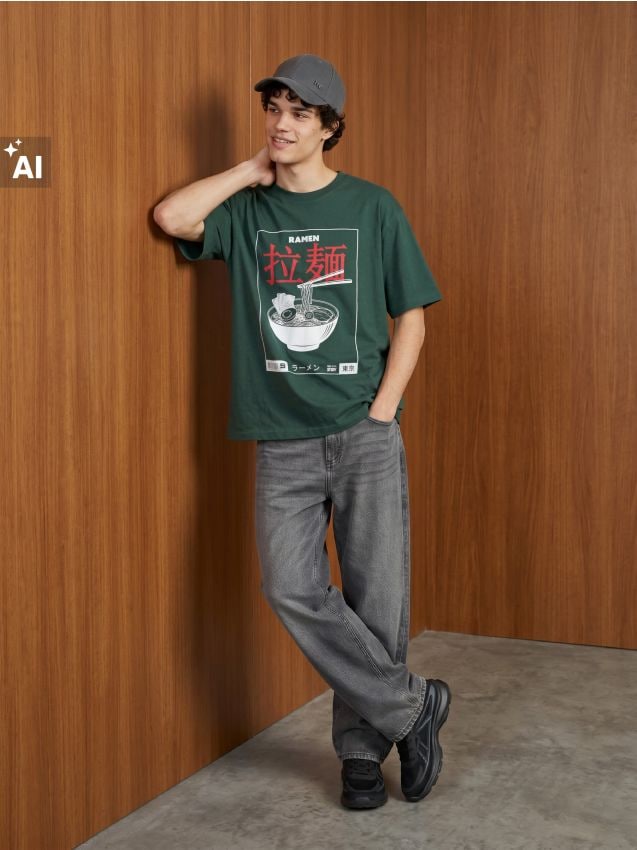 Sinsay - Tricou din bumbac loose fit cu motiv ramen - verde
