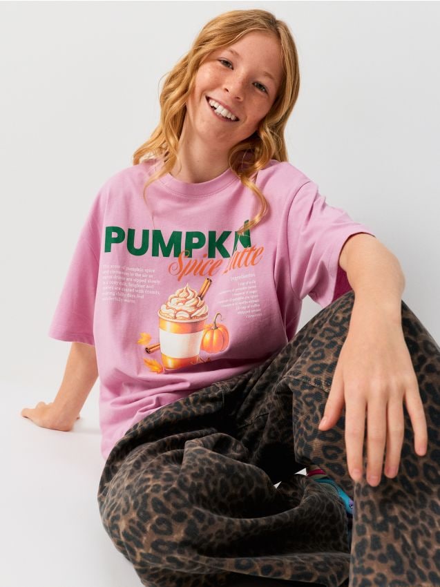 Sinsay - Tricou din bumbac cu motiv cafea - roz-pudră