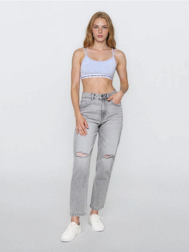 Sinsay - Blugi mom cu efect uzat - gri deschis