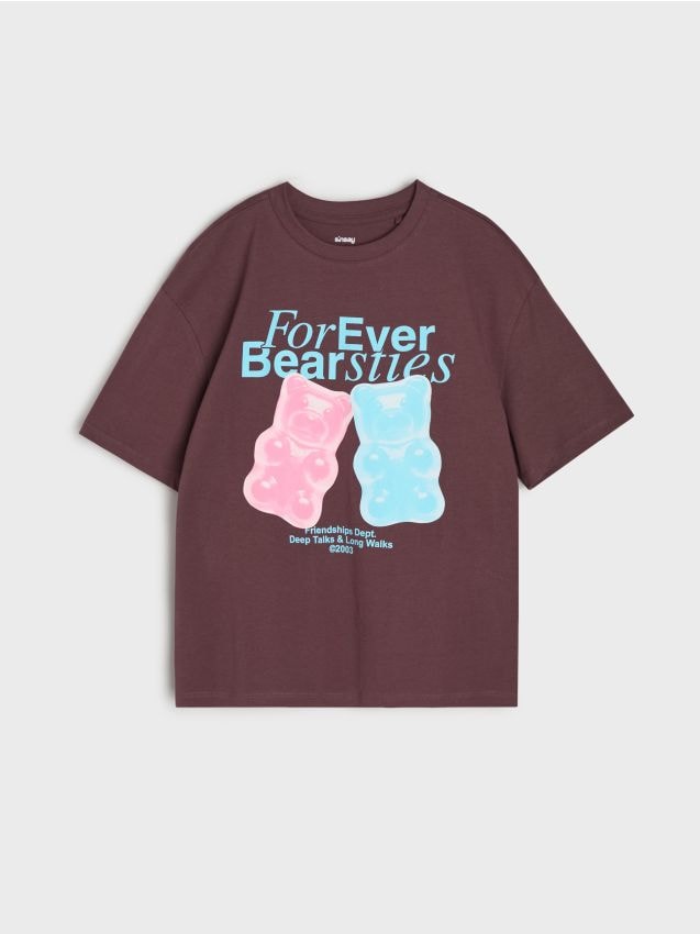 Sinsay - Tricou din bumbac cu imprimeu cu ursuleți - cafeniu