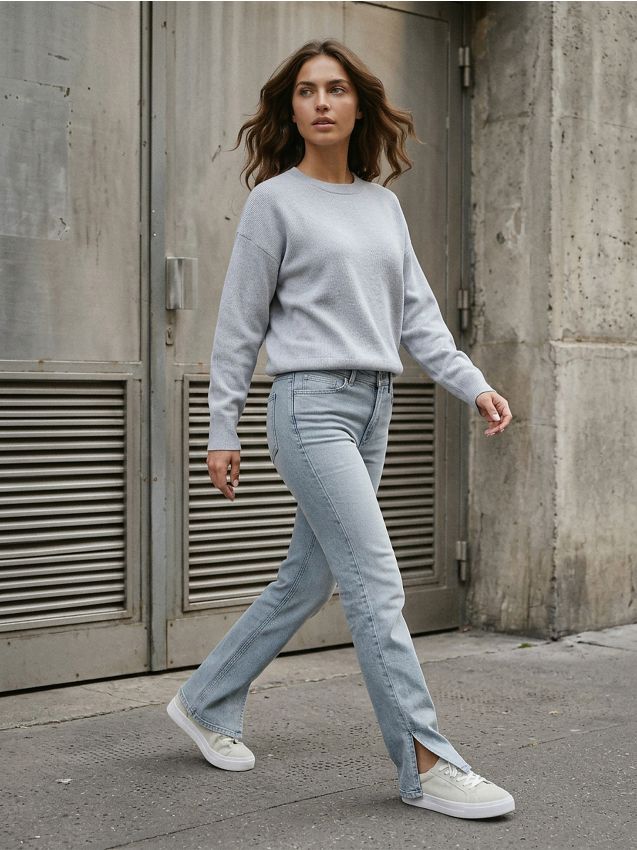 Sinsay - Blugi straight cu talie medie - gri deschis