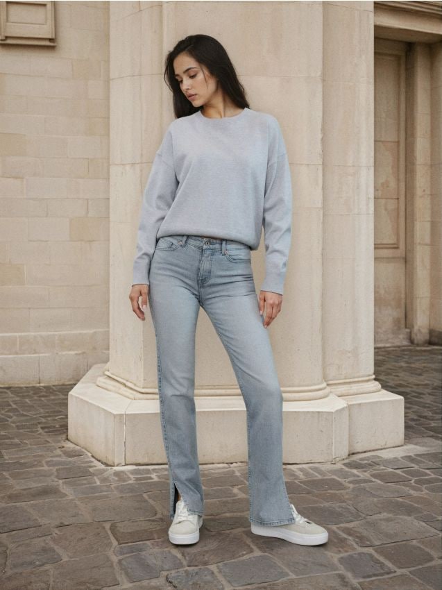 Sinsay - Blugi straight cu talie medie - gri deschis