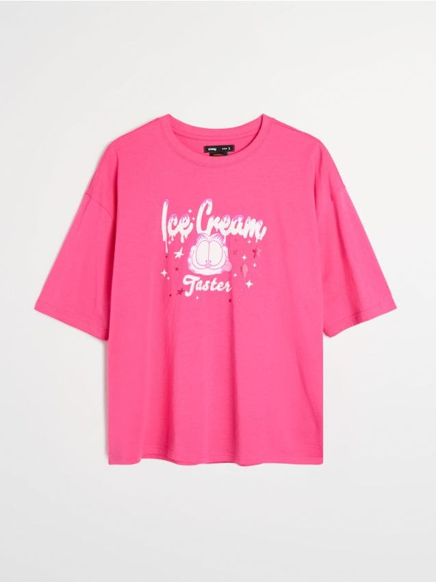 Sinsay - Bawełniana koszulka z nadrukiem Garfield - różowy