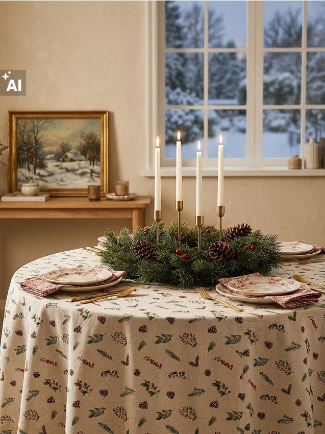 Sinsay - Față de masă rotundă de Crăciun cu motiv de ilex, crenguțe și conuri de pin - verde
