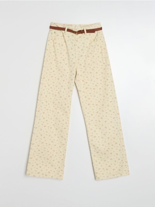 Sinsay - Jeansy wide leg z paskiem - kremowy