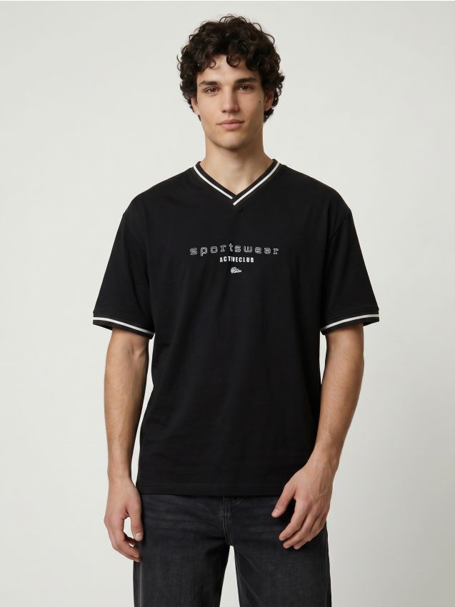 Sinsay - Tricou loose din bumbac cu inscripție - negru