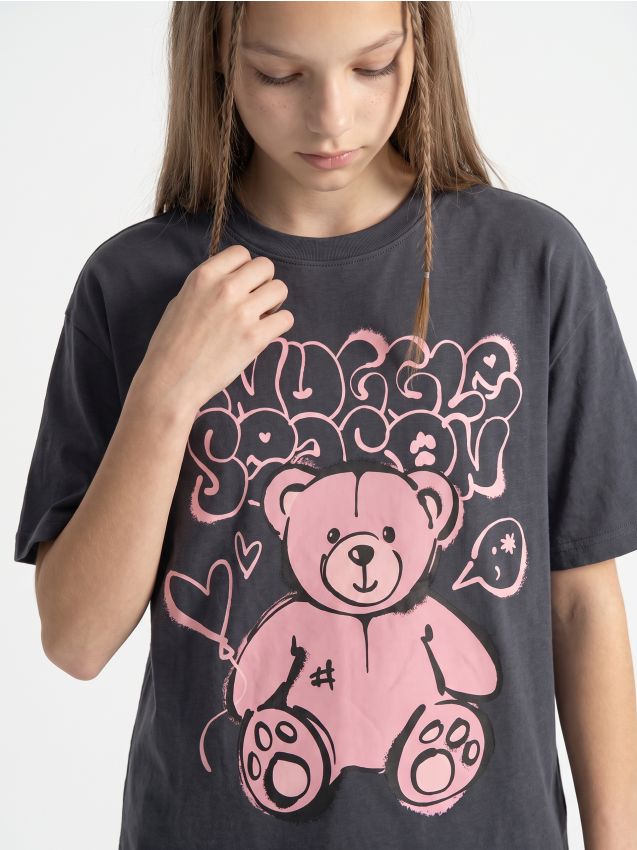 Sinsay - Tricou din bumbac cu imprimeu cu ursuleț - gri-închis