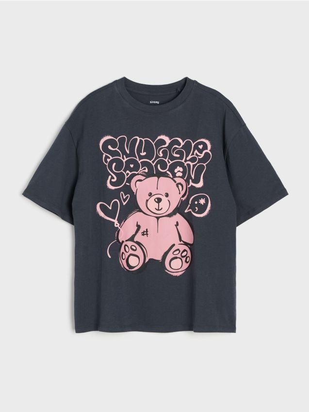 Sinsay - Tricou din bumbac cu imprimeu cu ursuleț - gri-închis