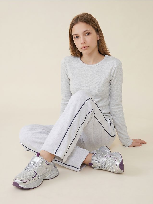 Sinsay - Pantaloni de trening wide leg cu paspoal contrastant - gri deschis