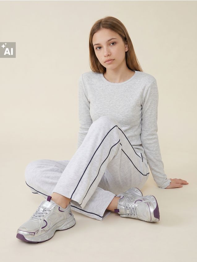 Sinsay - Pantaloni de trening wide leg cu paspoal contrastant - gri deschis