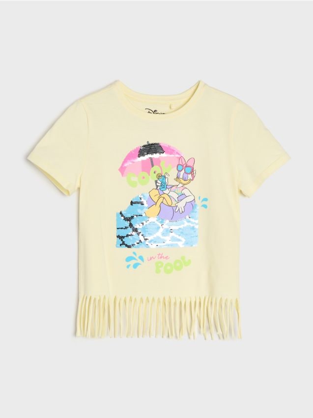 Sinsay - Tricou din bumbac cu imprimeu și paiete decorative Daisy - galben-deschis