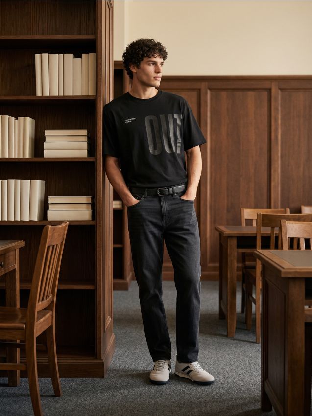 Sinsay - Tricou loose din bumbac cu inscripție - negru