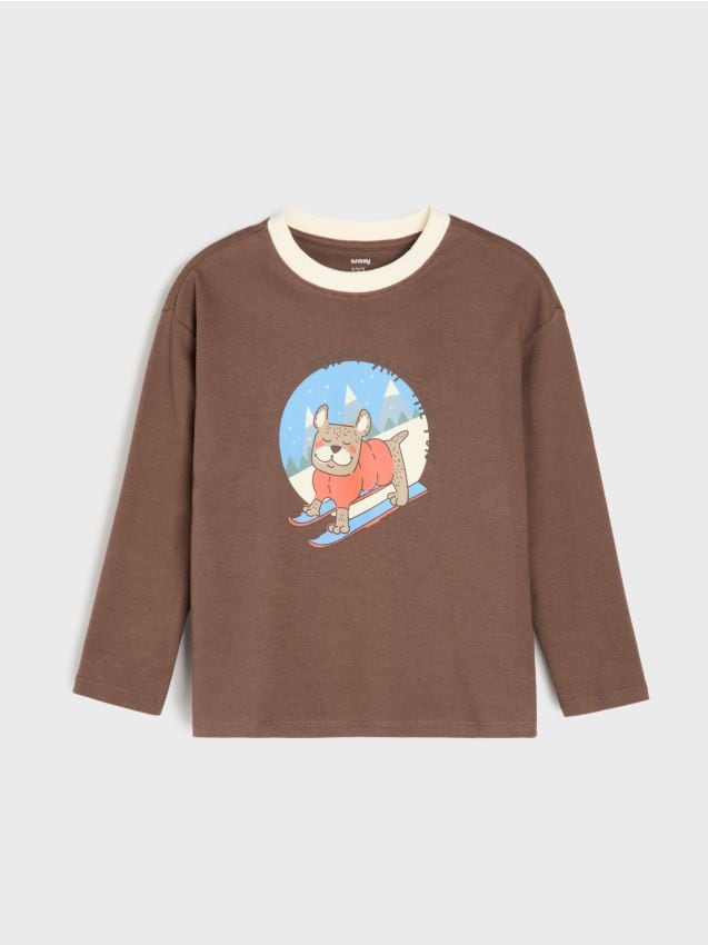 Sinsay - Tricou din bumbac cu imprimeu cu câine - maro-închis