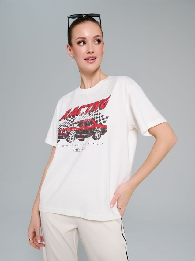 Sinsay - Koszulka oversize z nadrukiem - kremowy