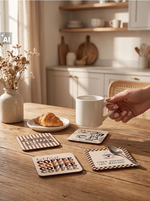 Sinsay - Suporturi pentru căni cu motiv de cafea, set de 4 - maro