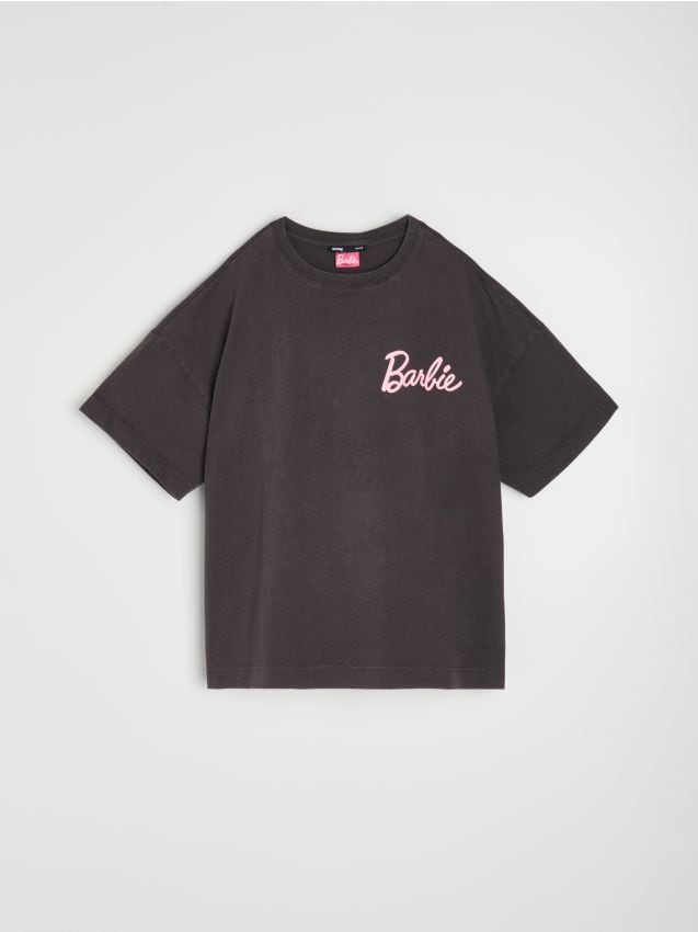 Sinsay - Tricou din bumbac cu imprimeu pe spate Barbie - gri-închis