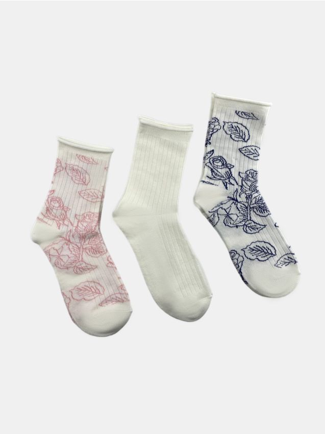 Sinsay - Set de șosete înalte cu motiv floral 3 pack - alb