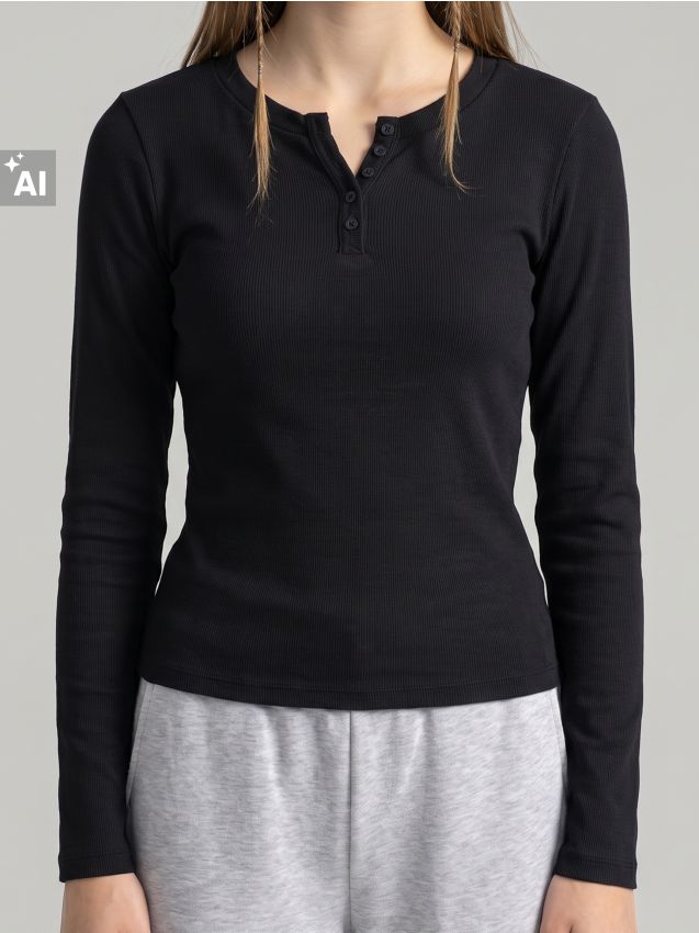 Sinsay - Tricou din bumbac cu mânecă lungă și decolteu Henley - negru
