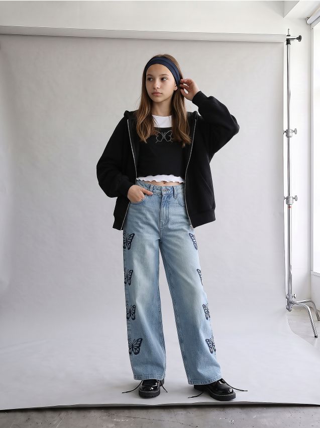 Sinsay - Jeansy wide leg high waist z haftowanymi motylami - niebieski