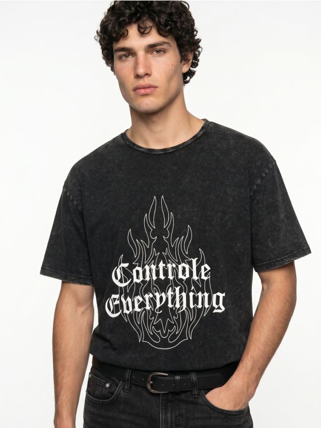 Sinsay - Tricou din bumbac comfort fit cu imprimeu - gri-închis