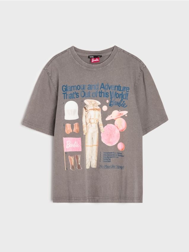 Sinsay - Tricou din bumbac cu imprimeu Barbie - gri-închis