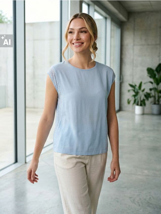 Sinsay - Tricou cu mâneci decorative - albastru-pal