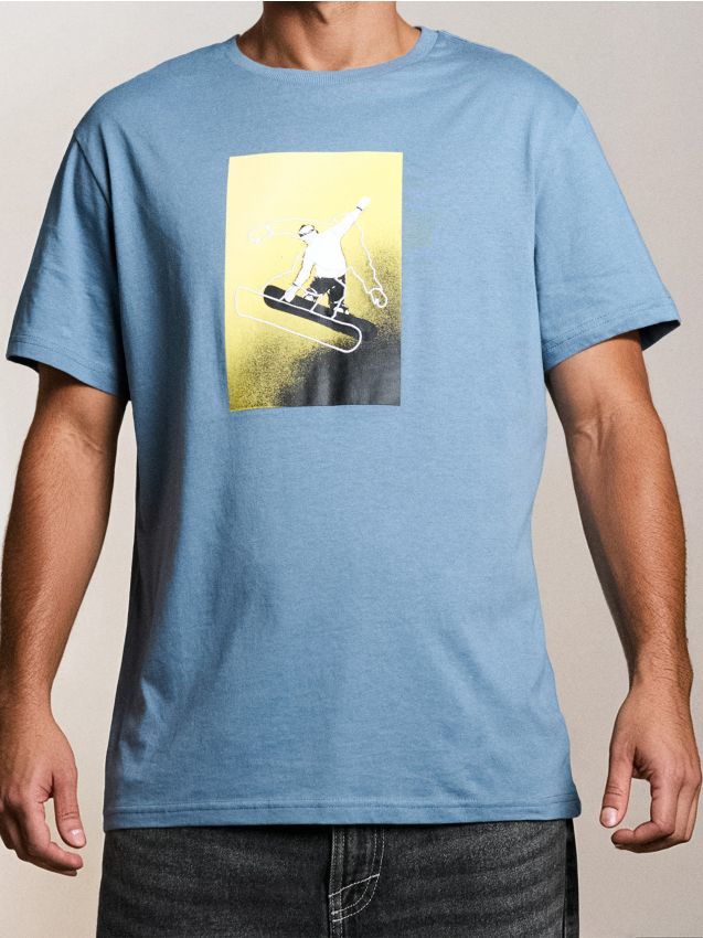 Sinsay - Tricou oversize din bumbac cu imprimeu - Gri-albăstrui