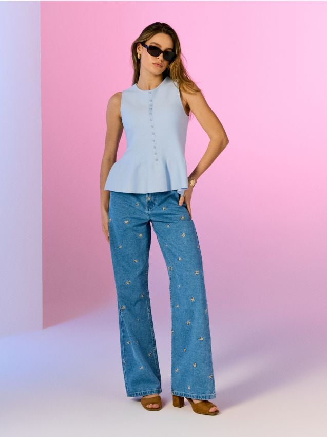 Sinsay - Blugi wide leg cu broderie - albastru