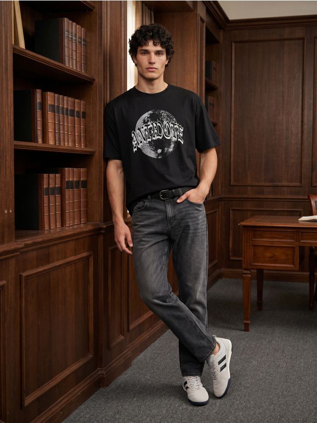 Sinsay - Tricou din bumbac loose fit cu motiv lună - negru