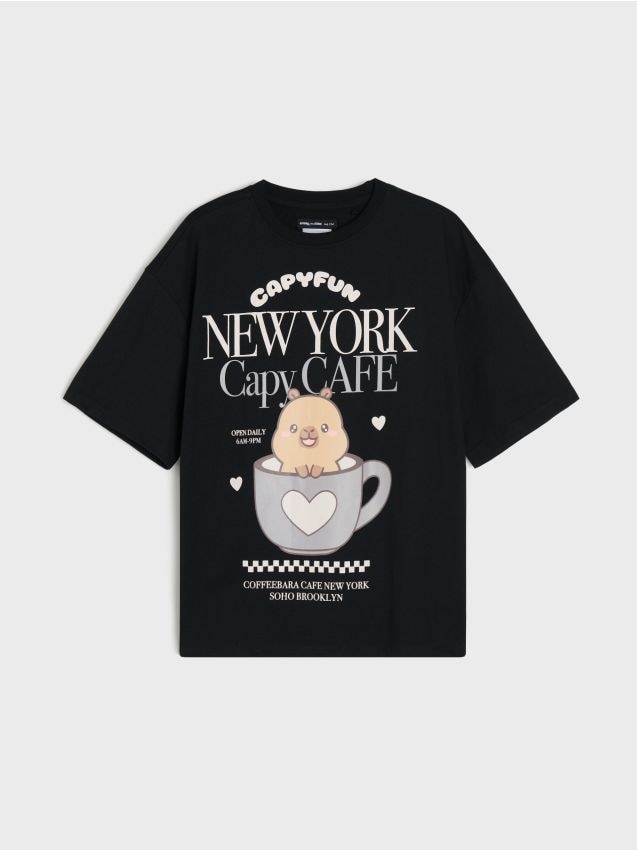 Sinsay - Tricou din bumbac cu imprimeu capibara și motiv de cafea - negru