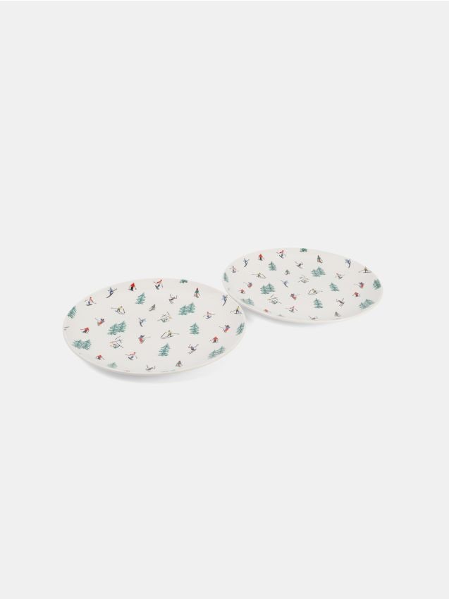 Sinsay - Zimné keramické taniere s lyžiarskym motívom, balenie 2 ks - biela