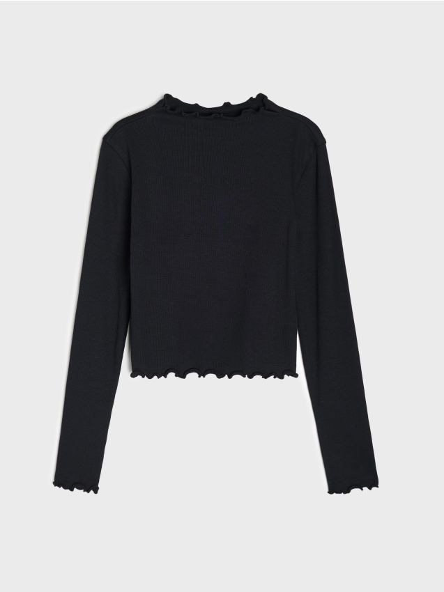Sinsay - Tricou din bumbac din tricot reiat cu volane decorative - negru