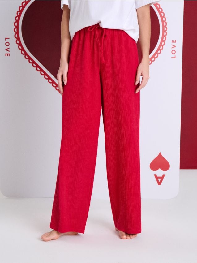 Sinsay - Spodnie od piżamy z muślinowej bawełny - czerwony