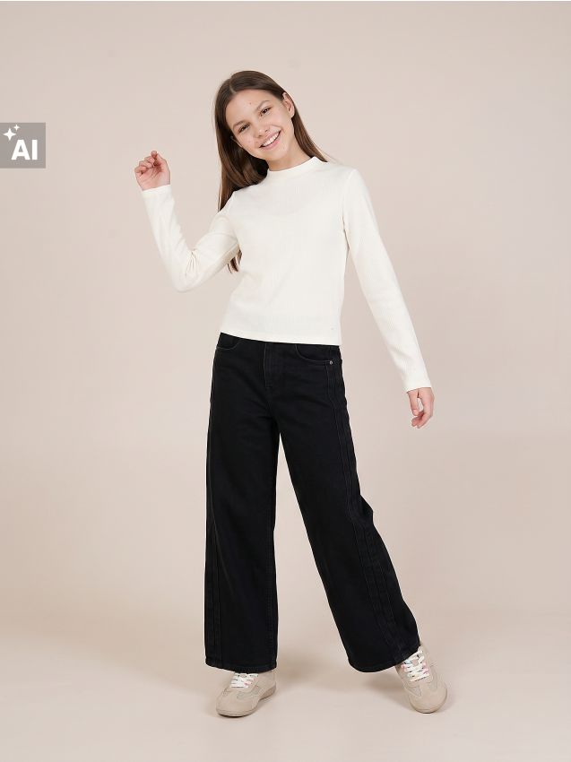 Sinsay - Tricou ribbed cu mâneci lungi - crem