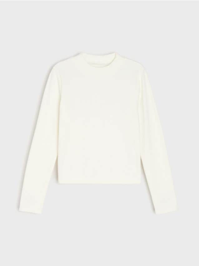 Sinsay - Tricou ribbed cu mâneci lungi - crem