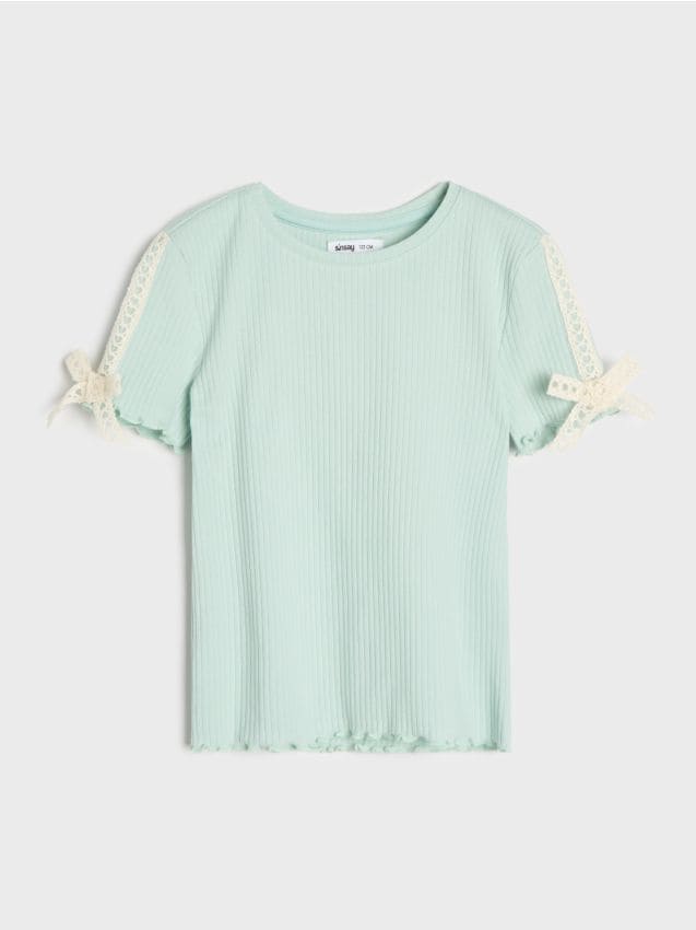 Sinsay - Tricou reiat cu bandă brodată decorativă și fundițe pe mâneci - verde-pal