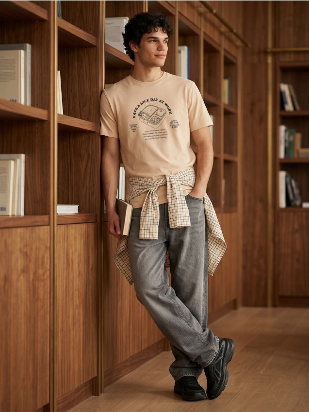 Sinsay - Tricou din bumbac cu mânecă scurtă și motiv mâncare - bej