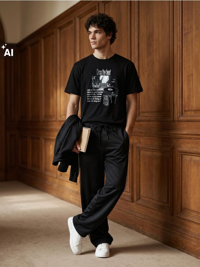 Sinsay - Tricou din bumbac cu motiv muzical - negru