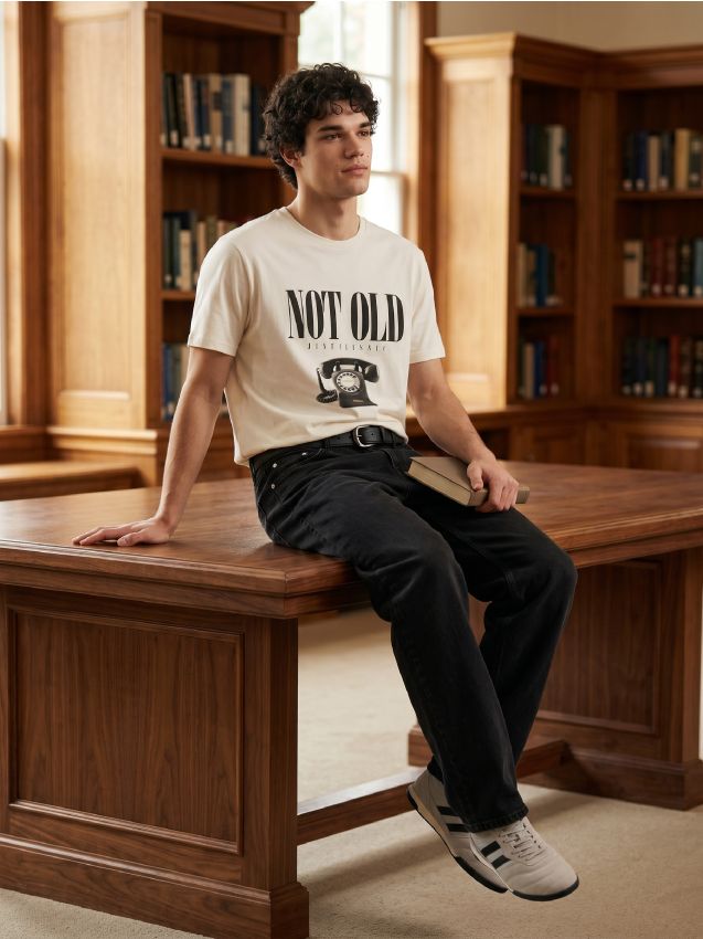 Sinsay - Tricou din bumbac cu mânecă scurtă cu imprimeu - crem
